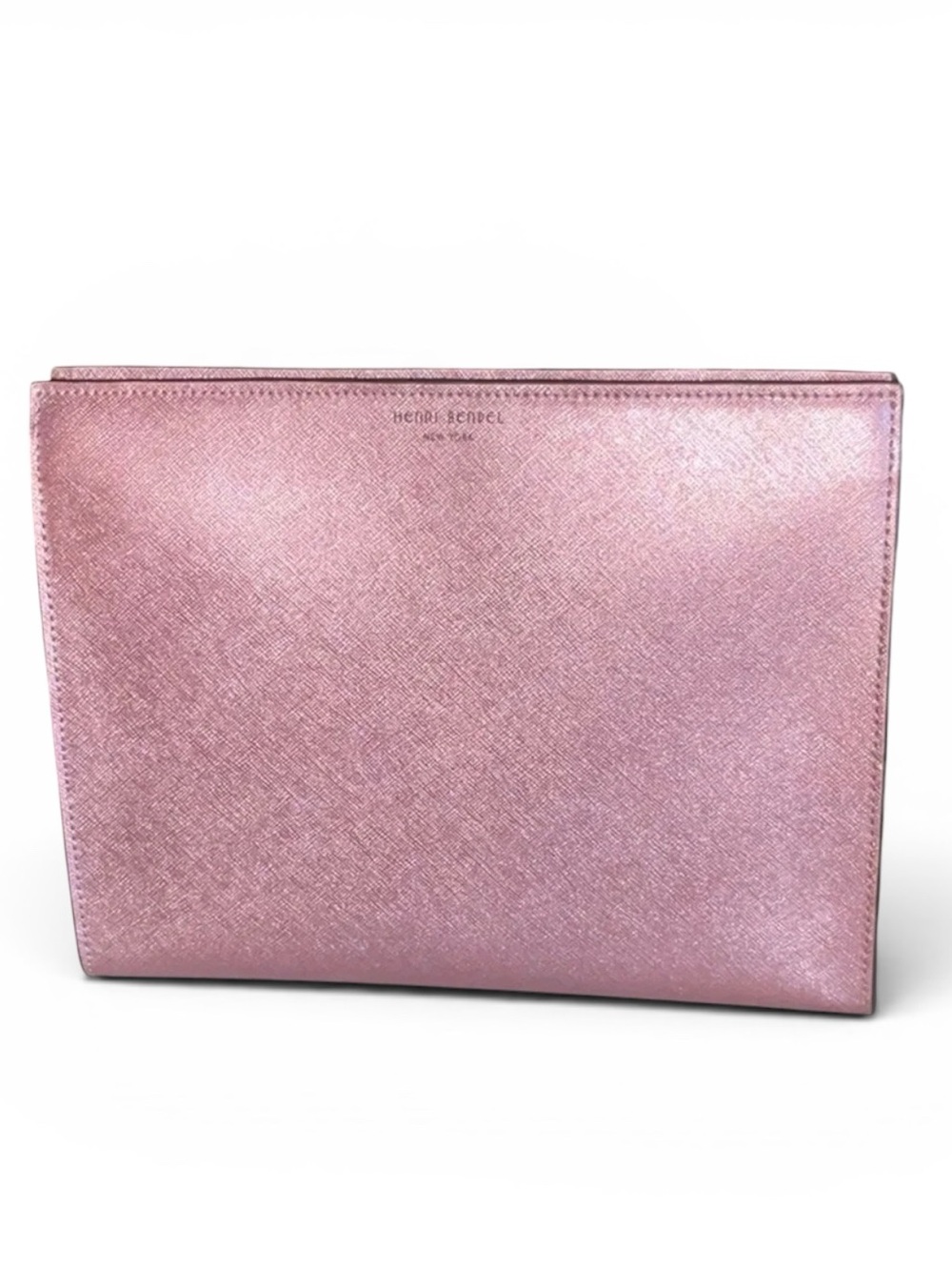 Henri Bendel West 57th Large Safianno Leather Metallic Pink Clutch NWOT
